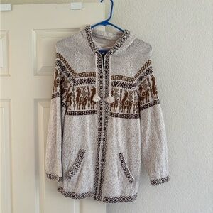 Cozy Hooded Knit Cardigan with Brown Pattern